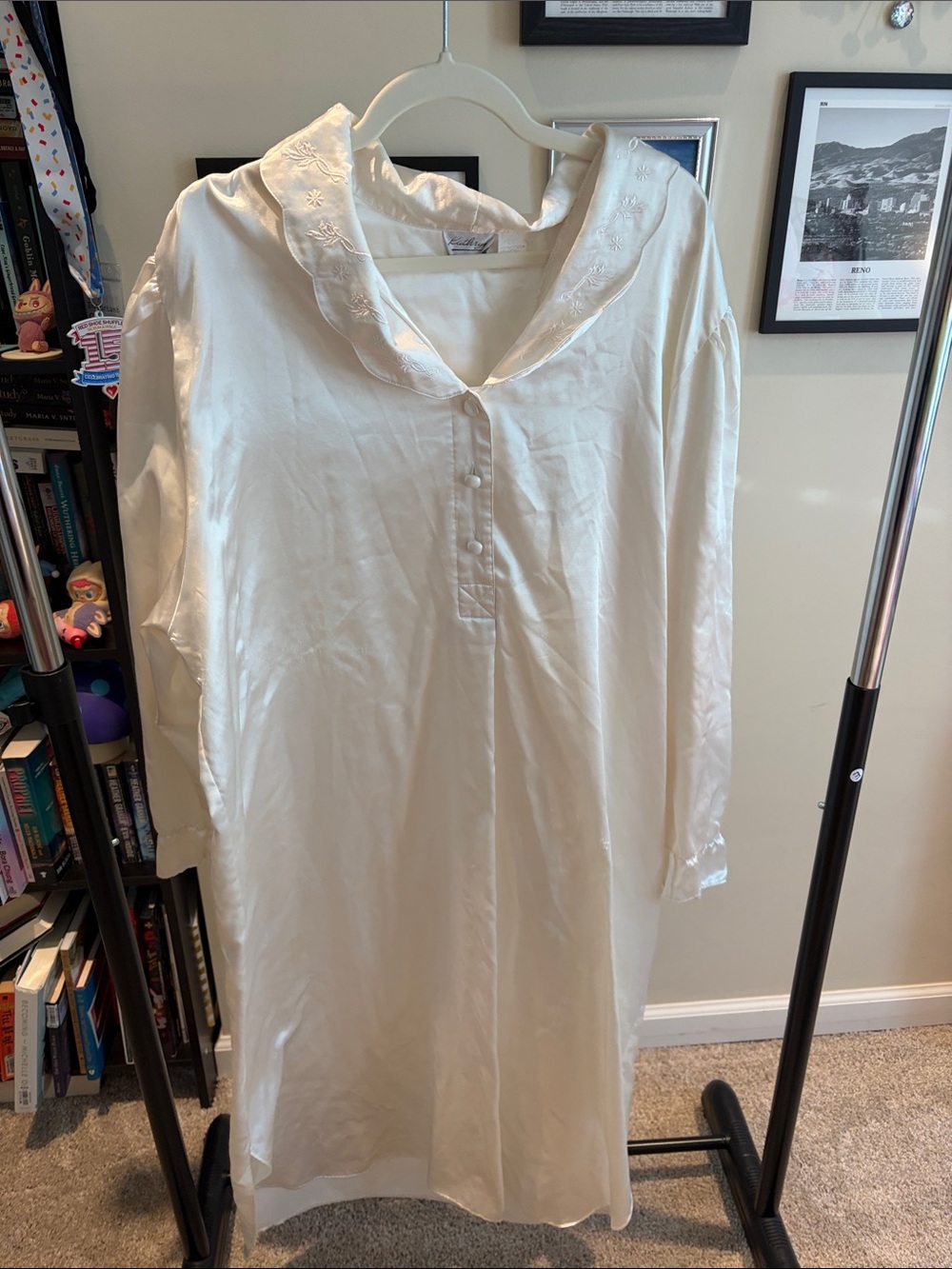 Women's Ivory Satin Nightshirt with Embroidered Collar